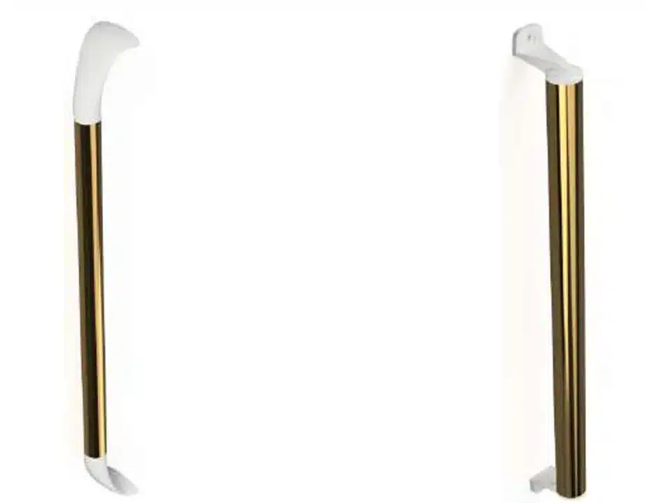 Tirador 50 Sencillo Dos vistas del Tirador 50 Sencillo para puerta, con cuerpo central en color dorado y soportes de fijación en blanco.